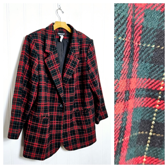 Vintage Savannah Plaid Wool Blend Blazer Jacket 20W Red Green Gold Black Classic - Picture 1 of 12